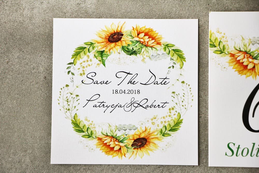 Sunflower Wedding Invitation Cards | Rustic Save The Date with Wreath | Pistachio No. 13