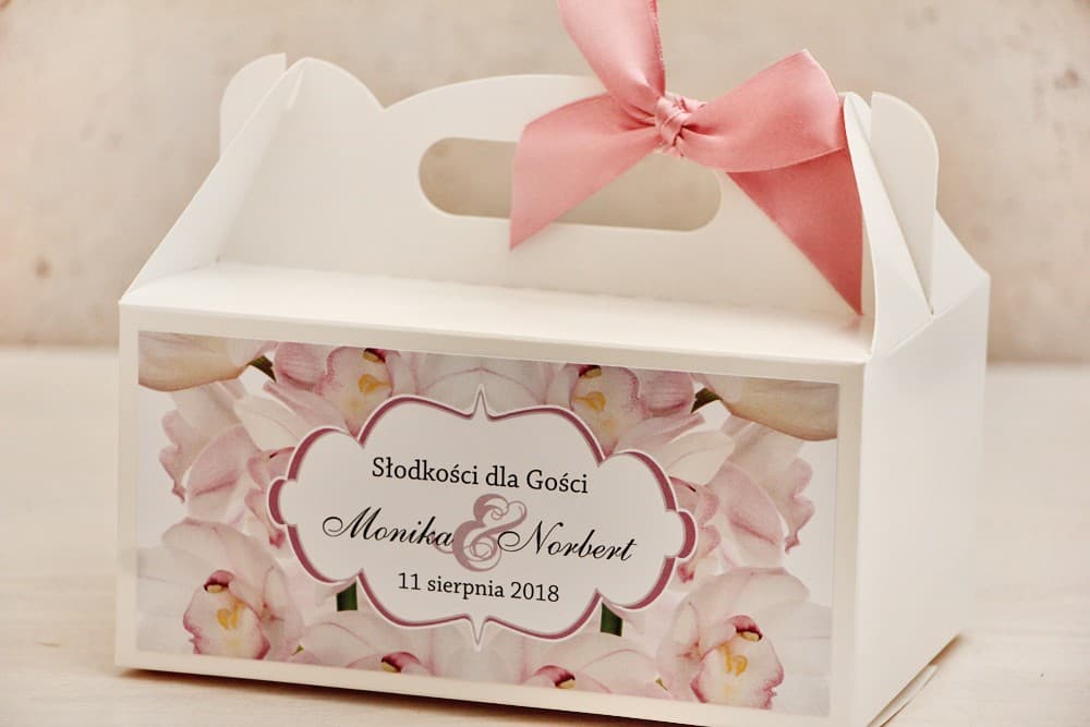 Elegante scatola per torta nuziale con manico, motivo orchidea rosa | Confezioni personalizzate per gli ospiti | Felicja n. 6