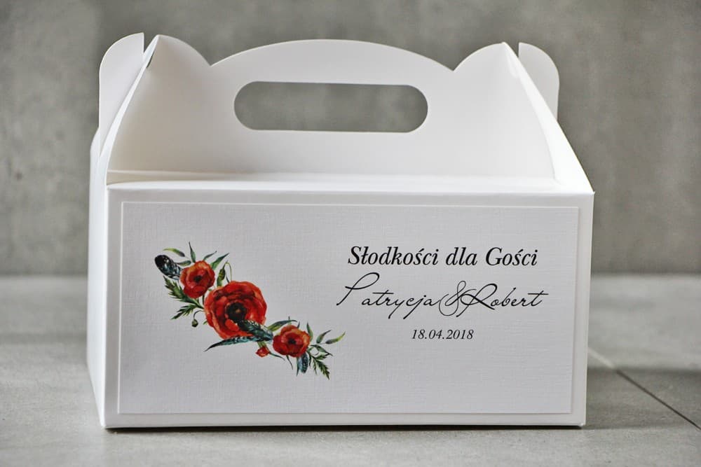 Scatole per torta personalizzate con papaveri e manico | Confezioni per torta nuziale per gli ospiti | Pistacjowe nr 19