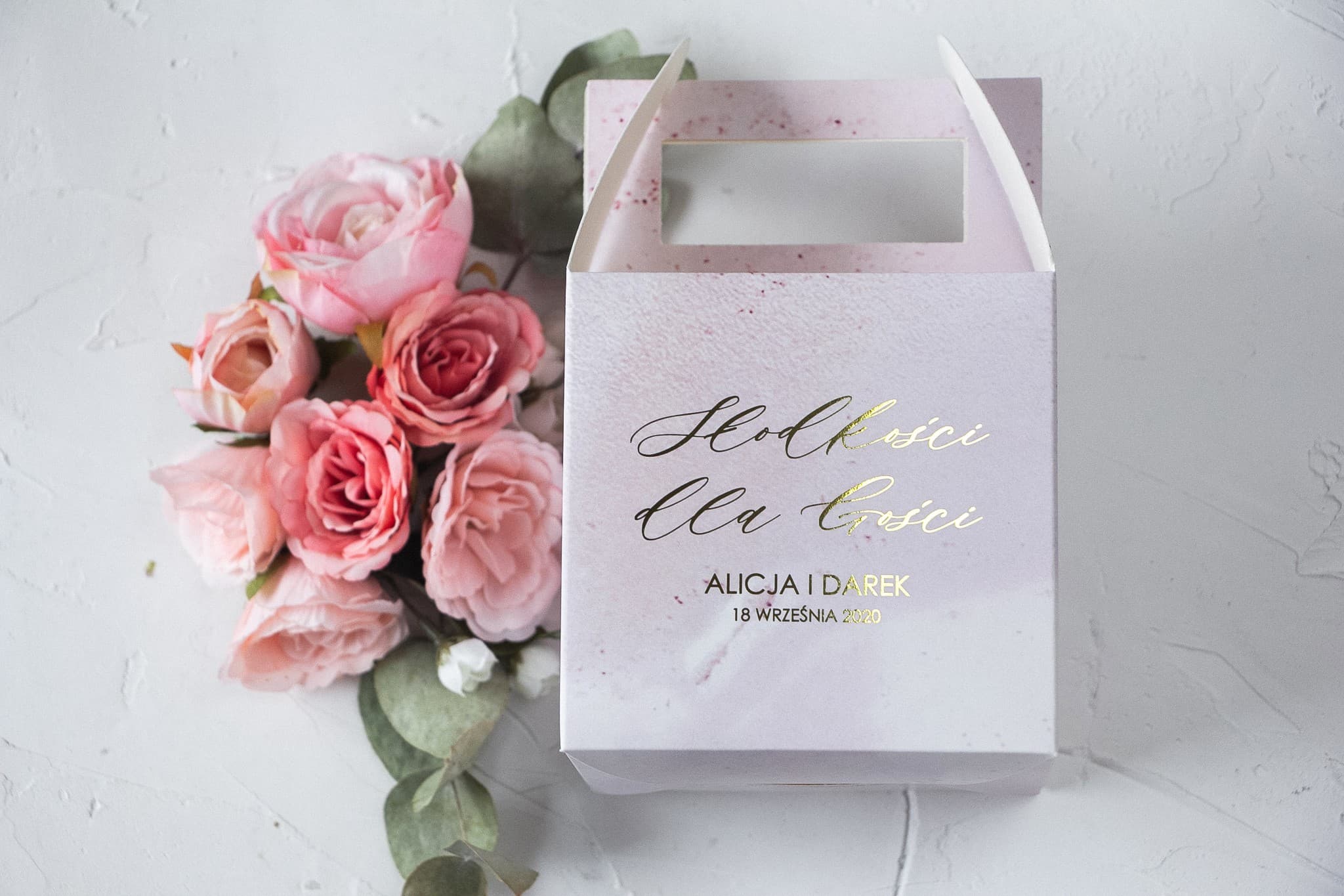 Scatola Rosa per Torta Nuziale Dorata, con Manico | Confezione Personalizzata per Dolcetti | Marmo nr 2