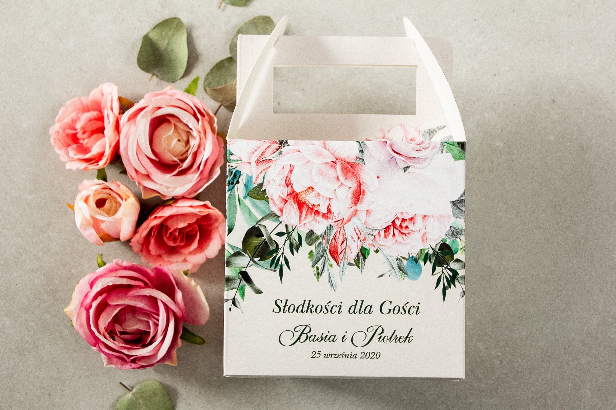 Scatola per Torta Nuziale Rosa Peonie Eucalipto | Confezioni Personalizzate per Ospiti | Korani n. 6