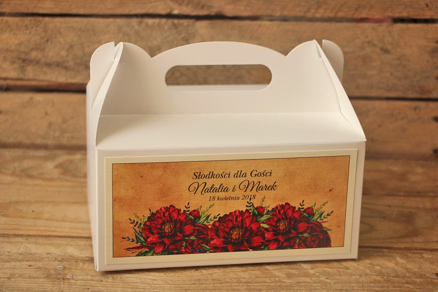 Scatola Rustica per Torta con Peonie | Confezioni Nuziali per Ospiti Personalizzate | Caramello n. 6