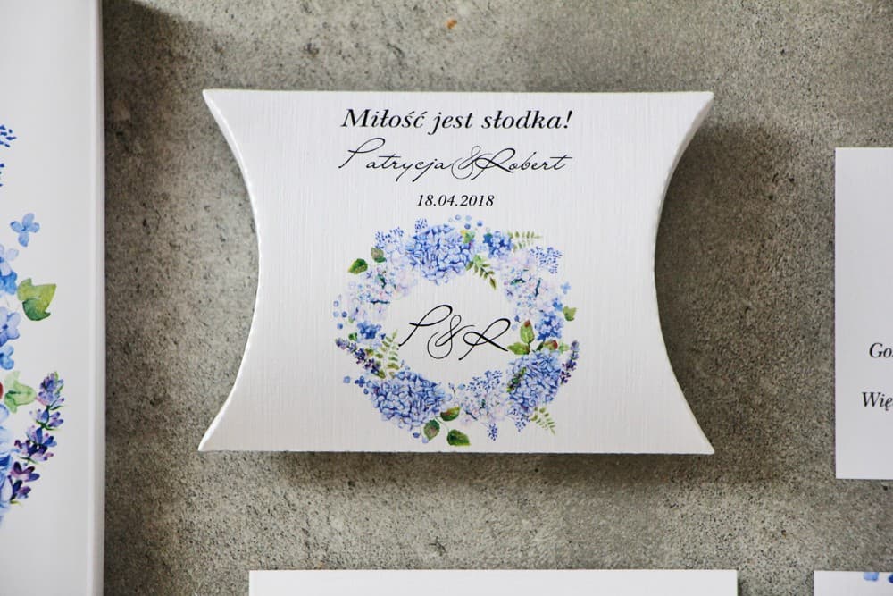 Scatolina a cuscino per dolci omaggi Scatolina cuscino per caramelle, bomboniere per ospiti matrimonio - Pistacjowe nr 1 - Ortensie blu