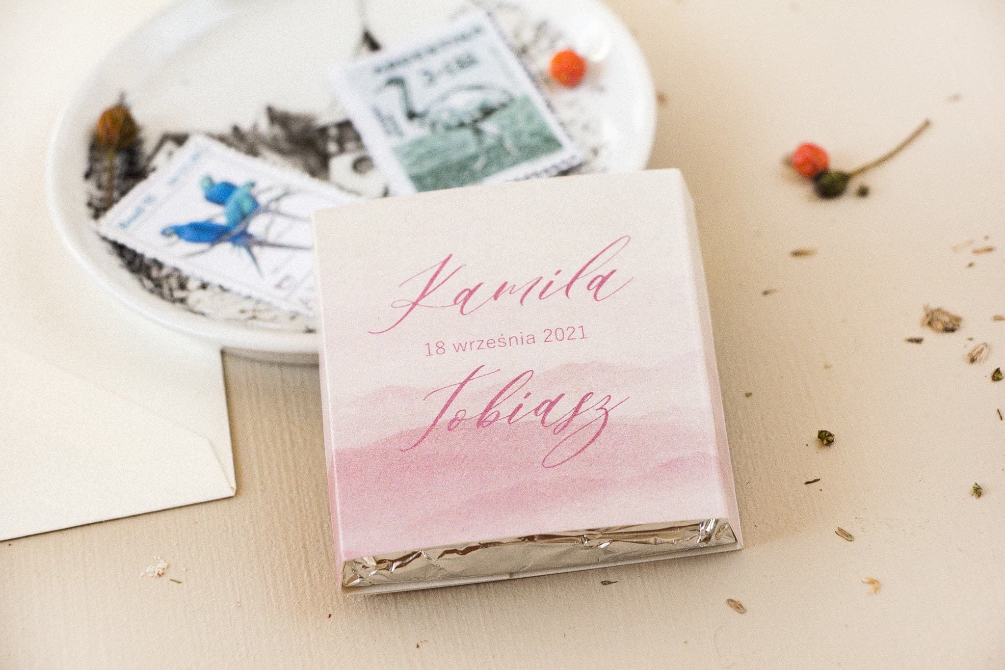 Personalisierte Schokoladentafeln mit Aquarell-Rosen | Gastgeschenke zur Hochzeit | Opal Nr. 5