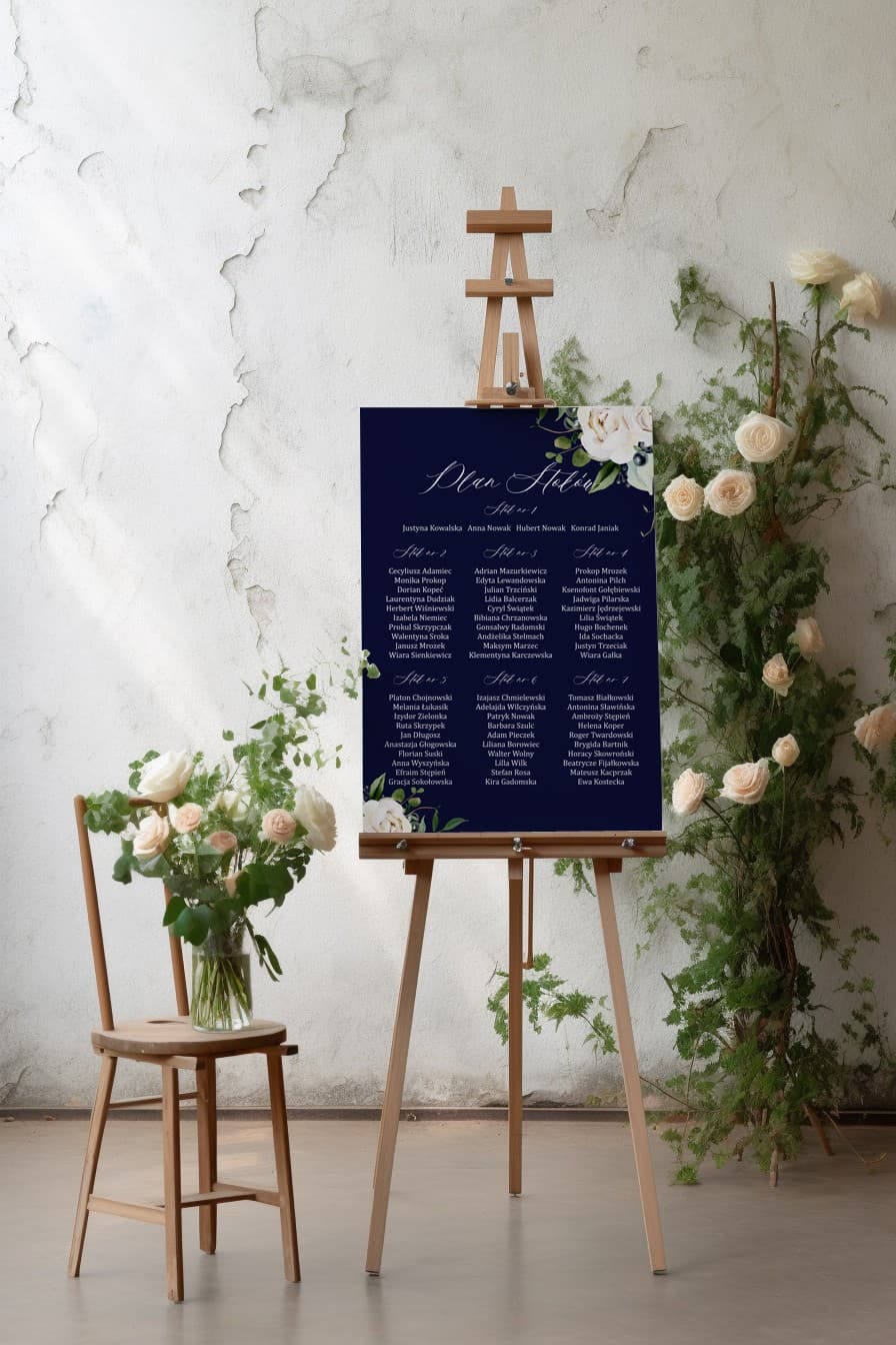 Elegante Seating Plan de Boda Azul Marino con Flores Blancas | Tablero de Distribución de Invitados | Szafirowe nº 7