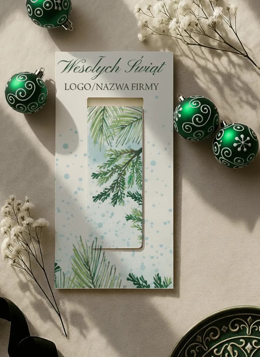 Segnalibro magnetico elegante con motivo di rametti verdi su cartoncino personalizzato con scritta "Buon Natale" Segnalibro magnetico elegante con motivo di rametti verdi su cartoncino personalizzato con scritta "Buon Natale"