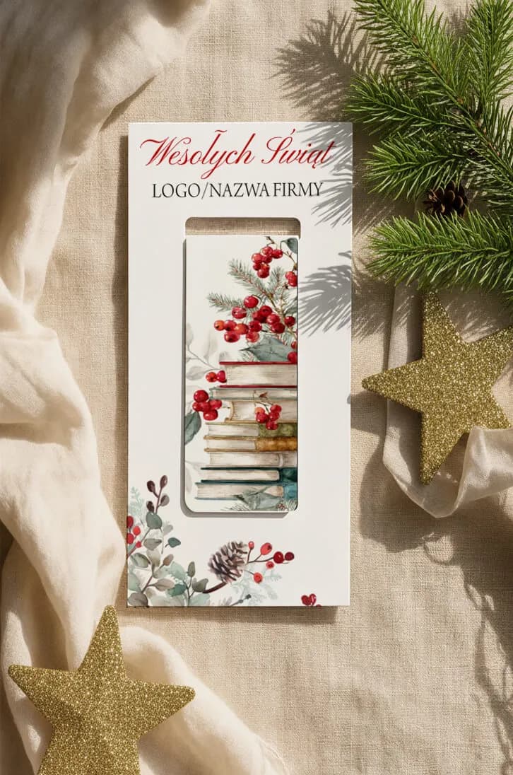 Segnalibro magnetico natalizio personalizzato con logo Segnalibro magnetico ad acquarello per Natale come omaggio per clienti, con possibilità di aggiungere il proprio logo.