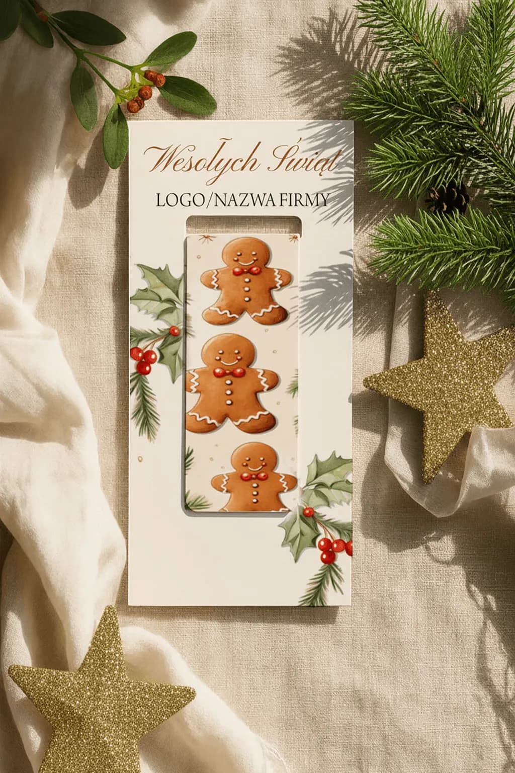 Regalo aziendale natalizio: segnalibro magnetico da libro con grafica di tre omini di zenzero Regalo aziendale natalizio: segnalibro magnetico da libro con grafica di tre omini di zenzero