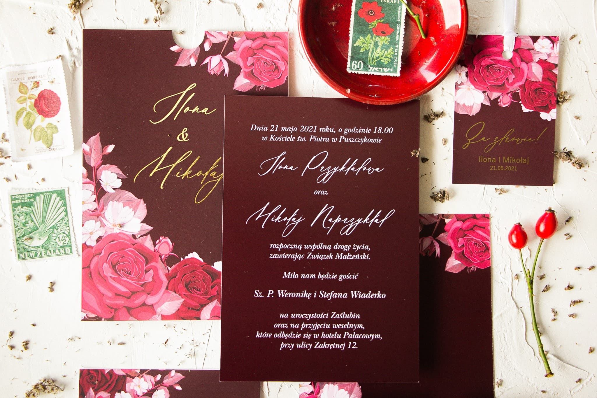 Burgundy Pocket Wedding Invitation Sample with Gold Foiling - Serenity Design 2
