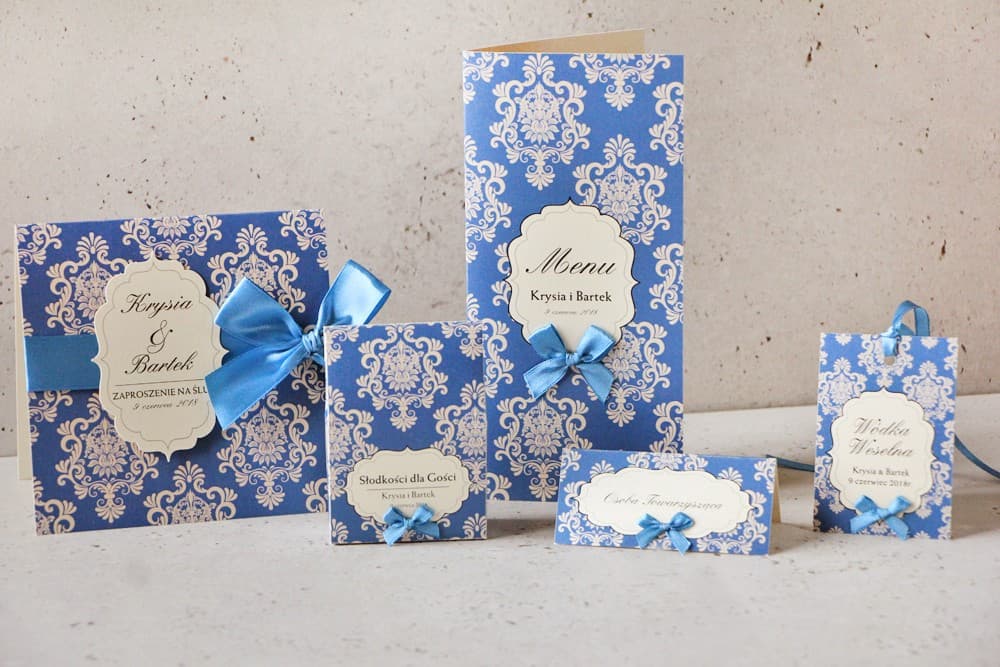 Campioni Cancelleria Nuziale, Ornamenti Blu, Carta Perlata | Set di Prova Inviti e Accessori | Ornament n. 2