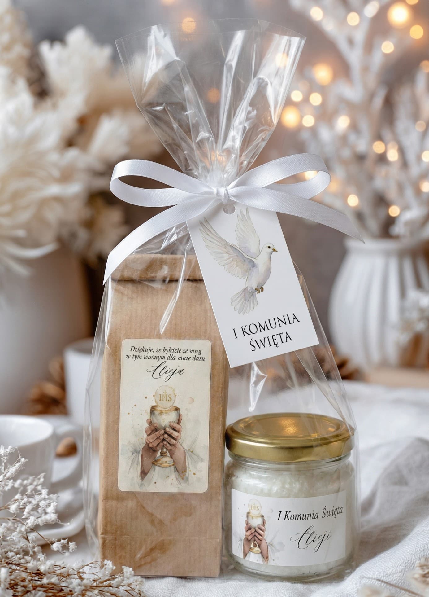 Set cadeau communion Matylda 17 thé et bougie Remerciements de communion pour invités – ensemble thé et bougie avec calice et colombe