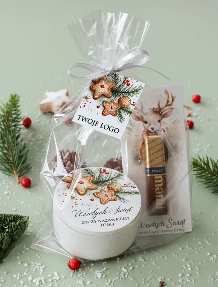 Regalo corporativo de Navidad con motivo de galletas de jengibre, ramas de árbol de Navidad y logotipo de la empresa.