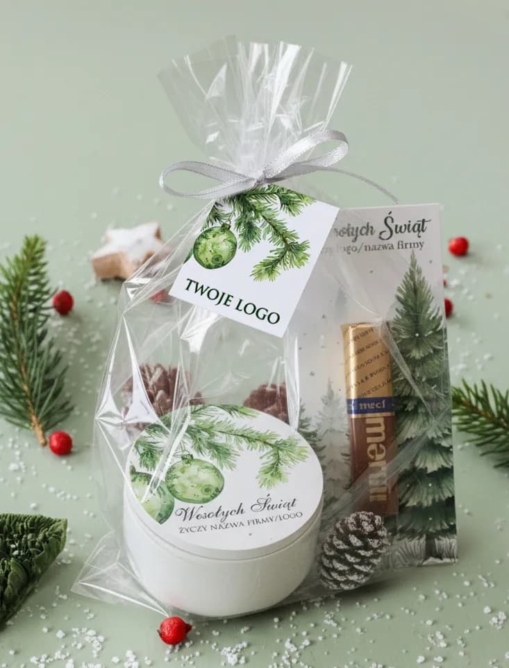 Detalle corporativo de Navidad con logo – set Leśny Czar con vela y dulces, empaquetado con cinta decorativa.
