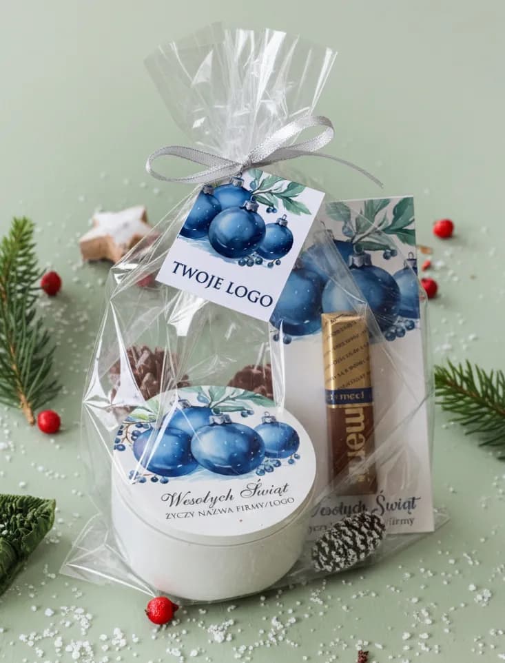 Set de regalo navideño en celofán con vela de soja personalizada y chocolate con diseño de bolas de Navidad azules.