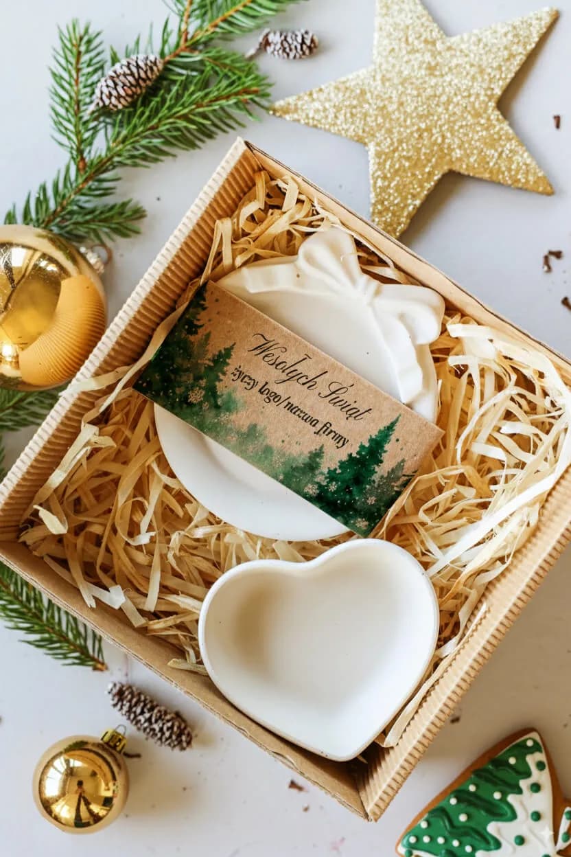 Elegante regalo de empresa para Navidad en caja de cartón corrugado con faja personalizada 'Feliz Navidad'.