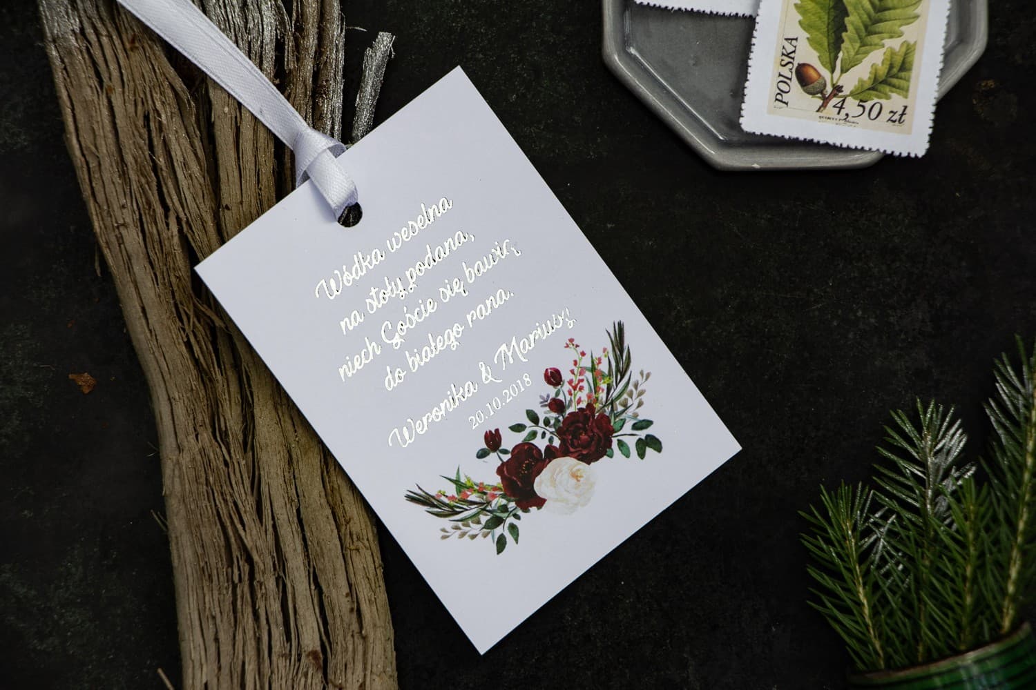 Silver Foiled Wedding Vodka Tags with Burgundy Peonies | Personalized Alcohol Tags | Orini No. 3