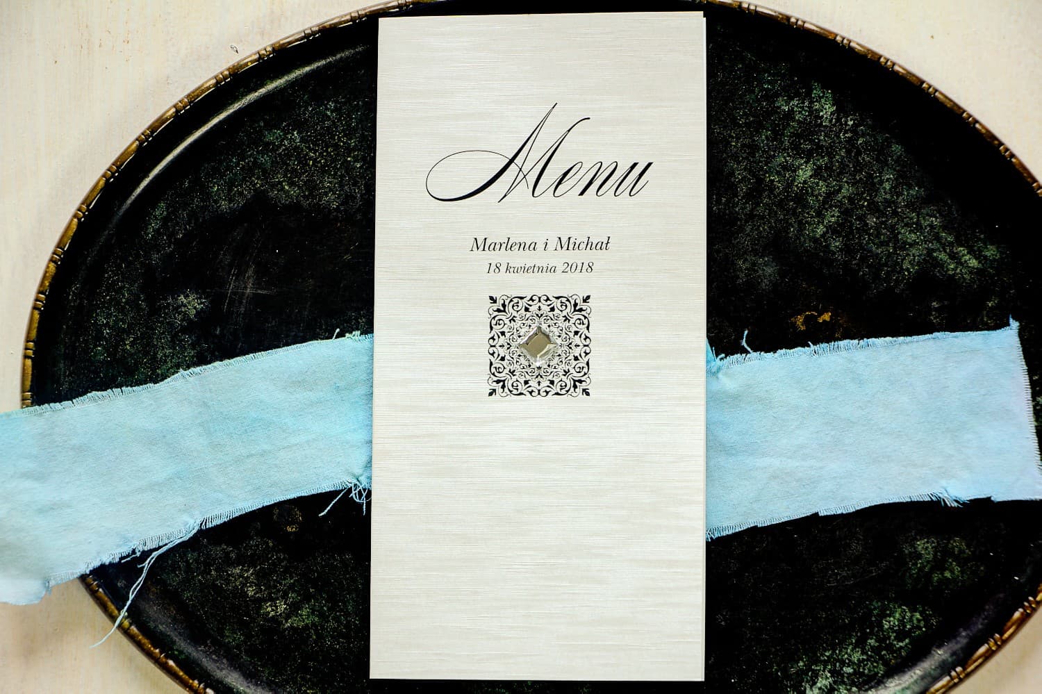 Elegant Wedding Menu with Cubic Zirconia | Glamour Menu Card on Pearlescent Paper | Brenet No. 1