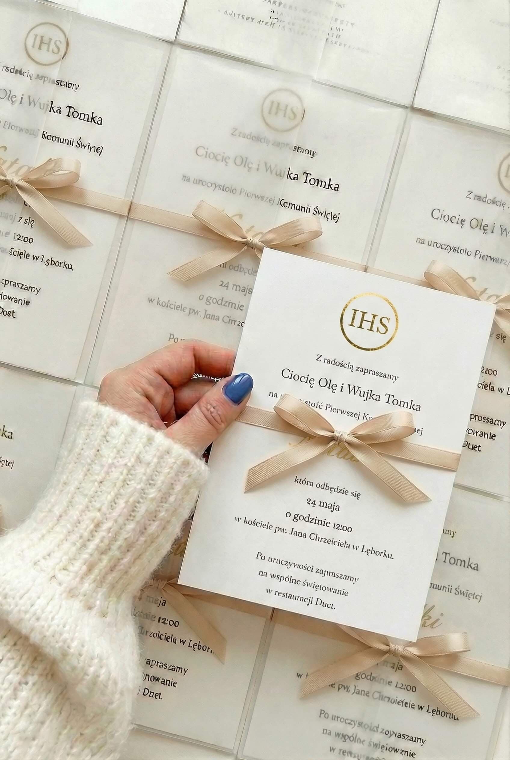 First Holy Communion Invitation Ofelia No. 6 β Foiling & Beige Ribbon