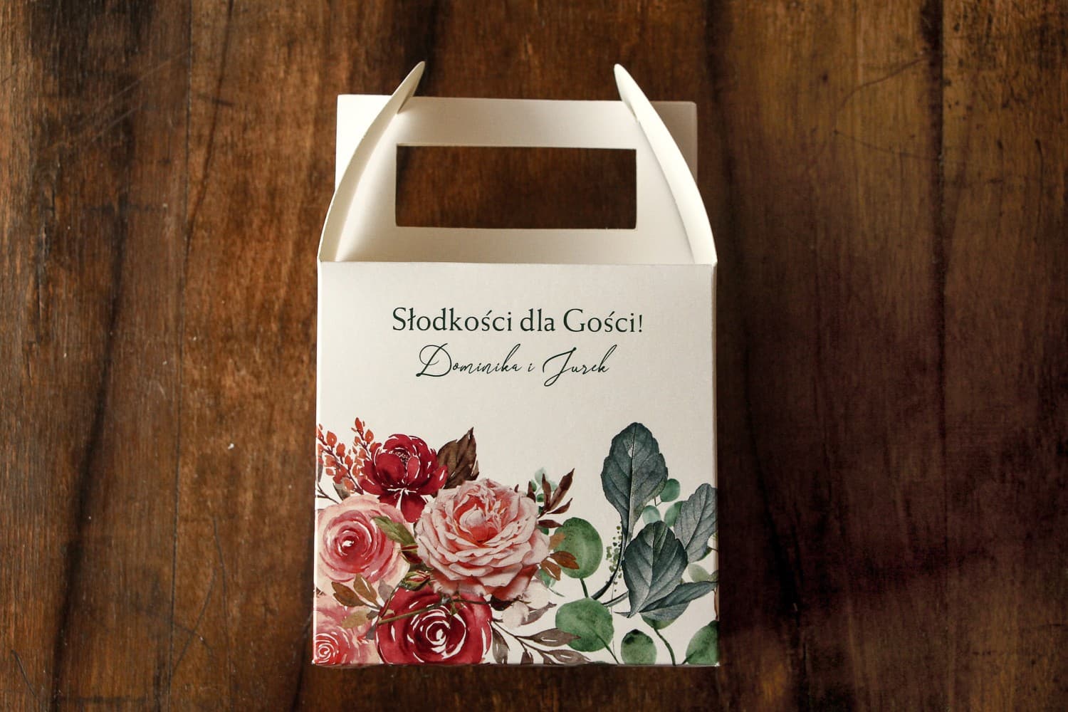 Eleganckie Pudełko na Ciasto Weselne z Różami i Eukaliptusem | Personalizowane Opakowania dla Gości | Delize nr 4