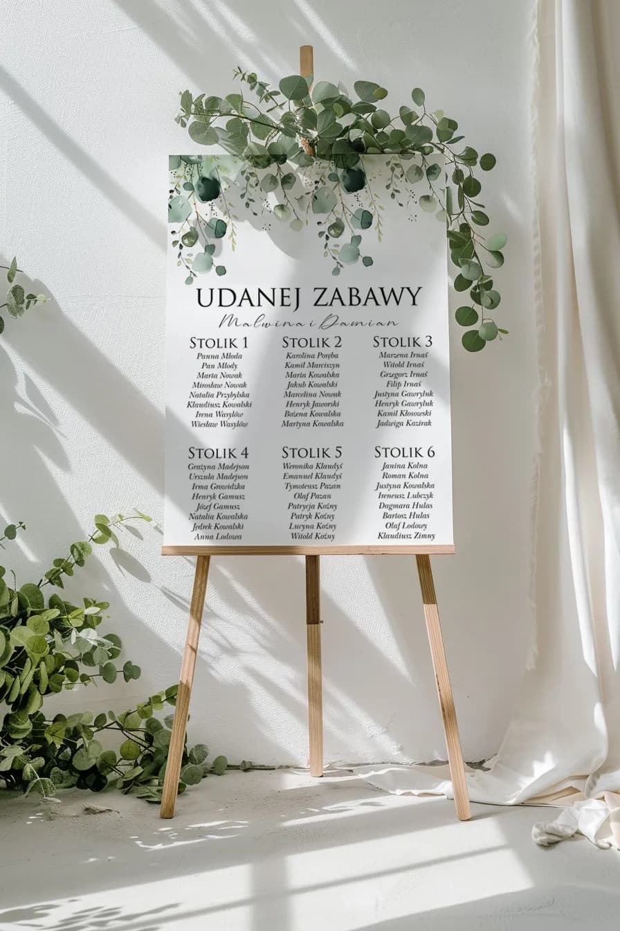 Plan Stołów Weselnych Eukaliptus, Zielone Liście | Botaniczna Tablica Gości Personalizowana | Impresja nr 7