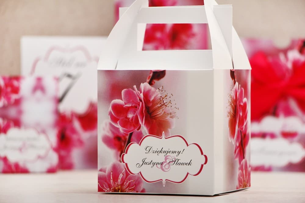 Personalized Wedding Cake Box with Handle, Pink Cherry Blossoms | Wedding Cake Favours | Felicja