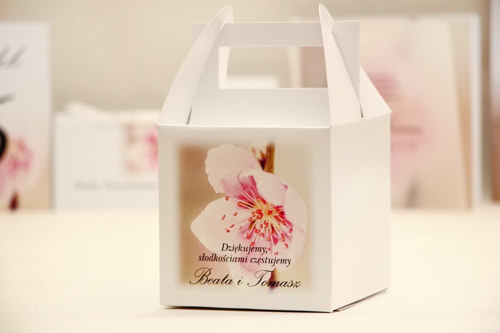 Personalized Square Wedding Cake Boxes with Pink Apple Blossom | Wedding Favours for Guests | Elegant No. 12