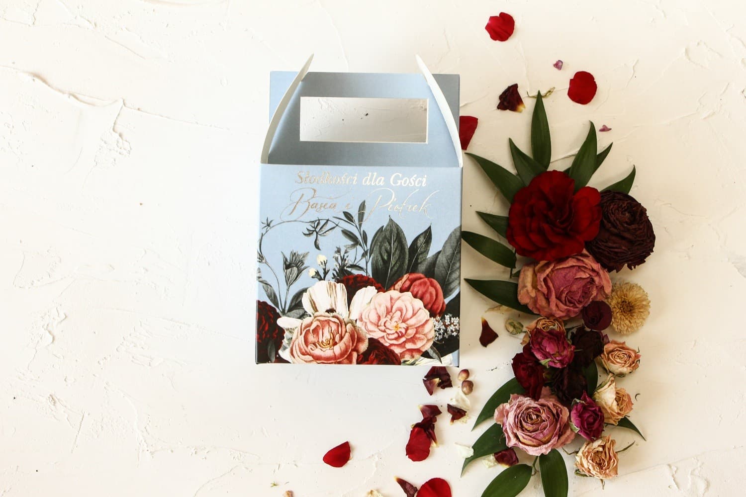Elegant Wedding Cake Box with Silver Foil Lettering and Flowers | Guest Favours | Pastel No. 1