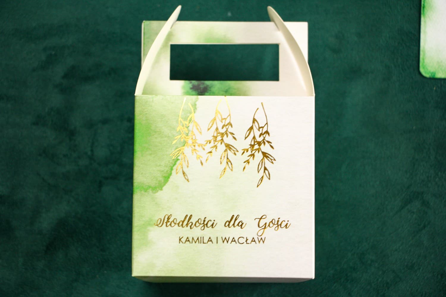 Green and Gold Wedding Cake Boxes with Handle | Elegant Guest Favours | Kamira No. 2