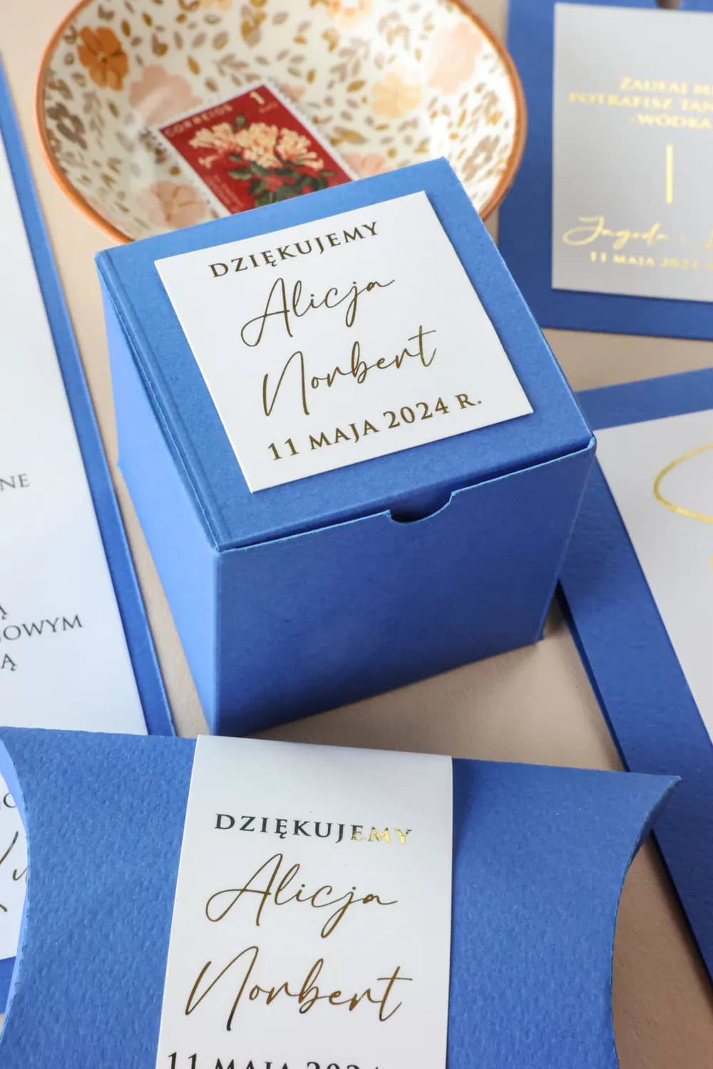 Square Blue Gold-Foiled Wedding Favour Boxes | Personalized Guest Gifts | Avril No. 7
