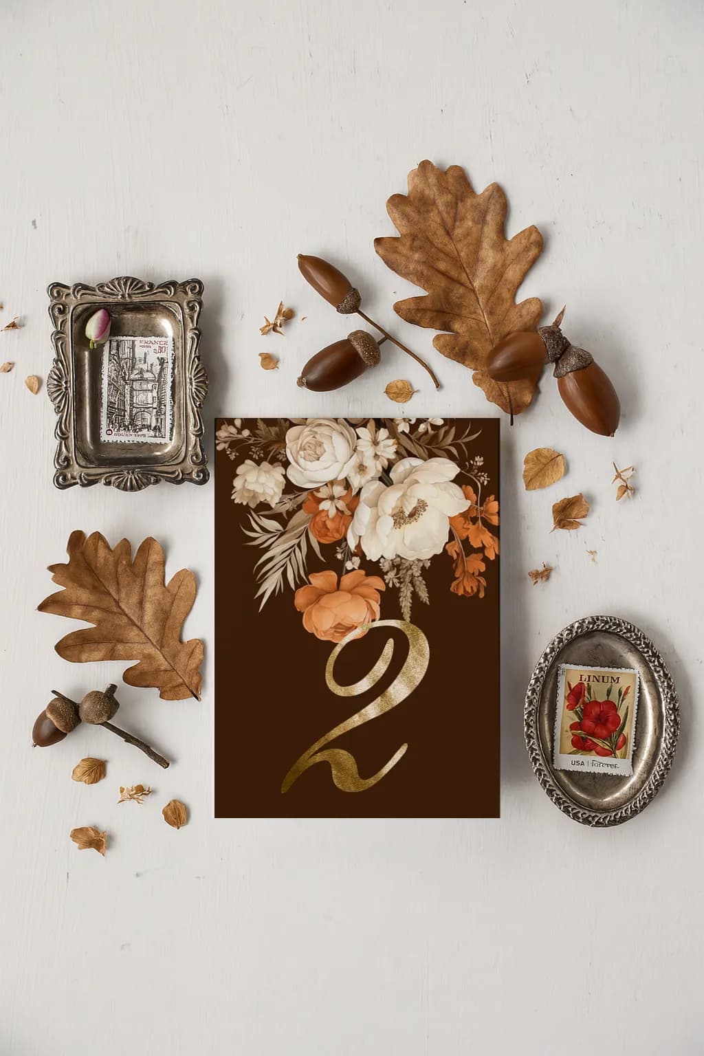 Brown Wedding Table Numbers with Gold Foiling – Ruskus No. 4