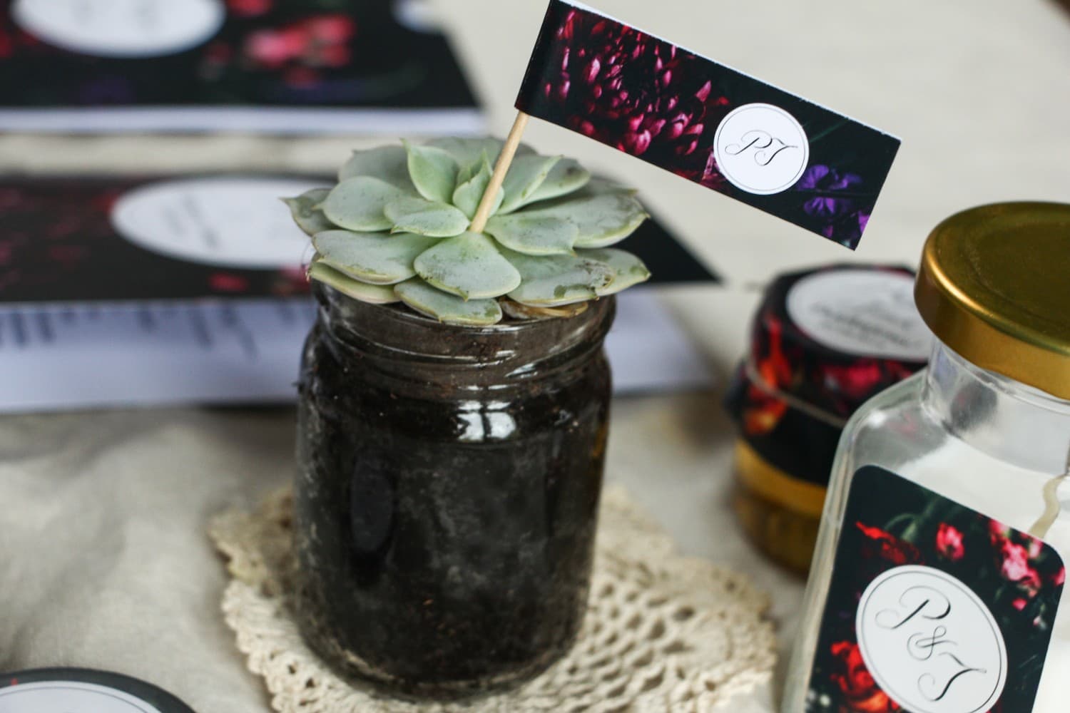 Succulent in a Jar with Burgundy Peony | Living Wedding Favours | Botanic No. 5