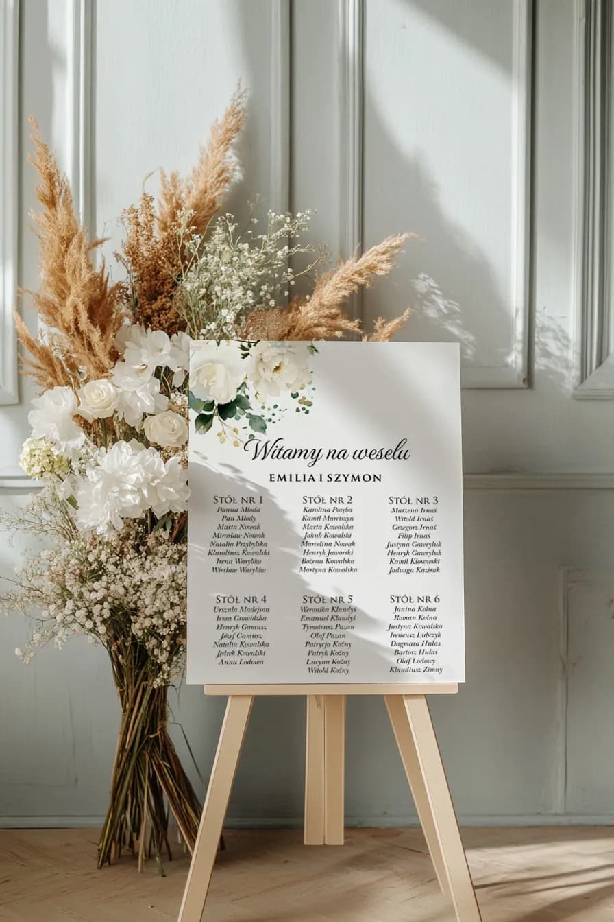 Tablero rústico para la distribución de invitados de boda con nombres y lista de mesas.