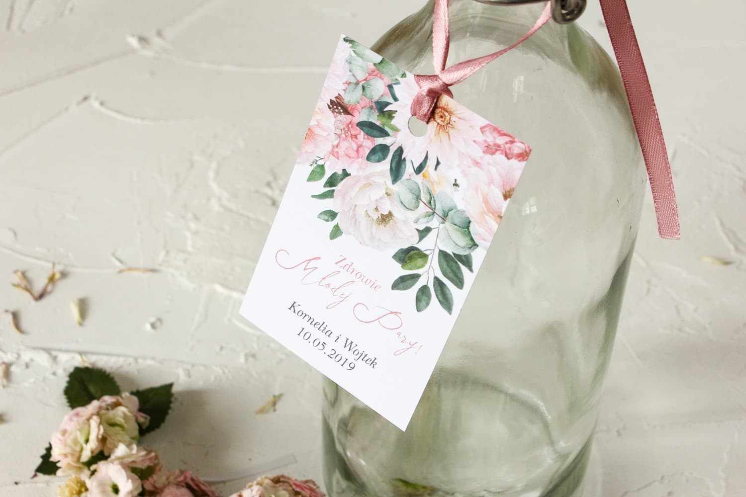 Targhette Rosa per Vodka con Peonie e Dalie | Etichette per Alcolici Nuziali | Wenis nr 6