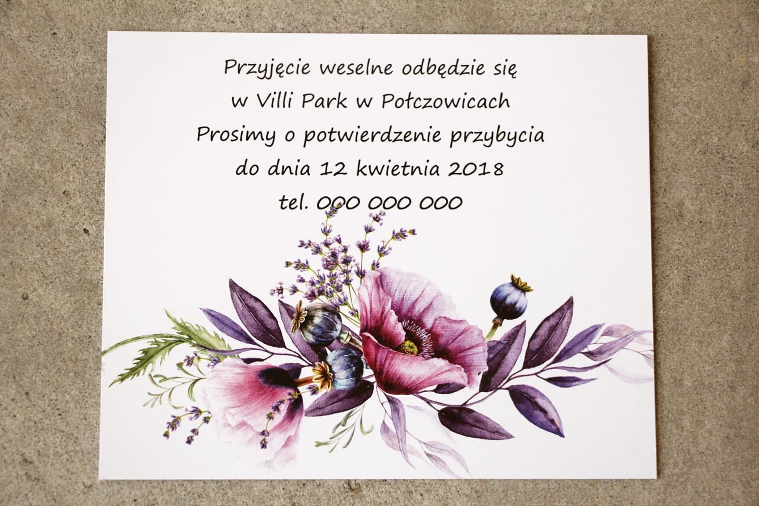 Tarjeta adicional para invitación, solicitud de dinero, RSVP | Amapolas púrpuras y lavanda | Sorento nº 15