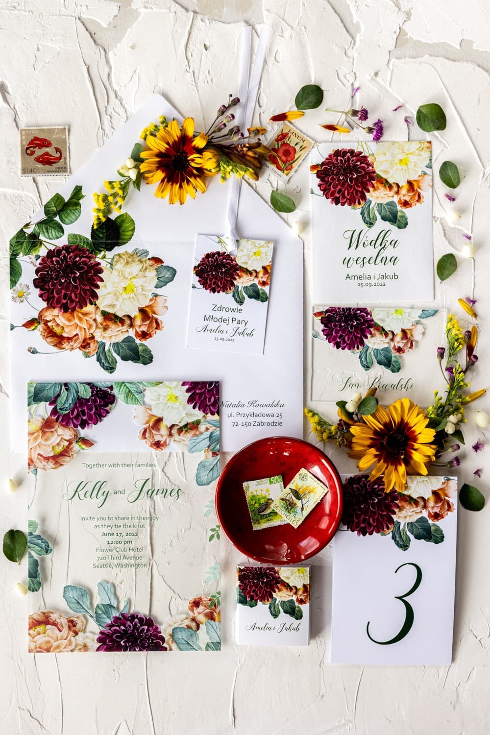 Tarjeta adicional con dalia burdeos para invitaciones de boda | Rebus, poemas | Korani n.º 13