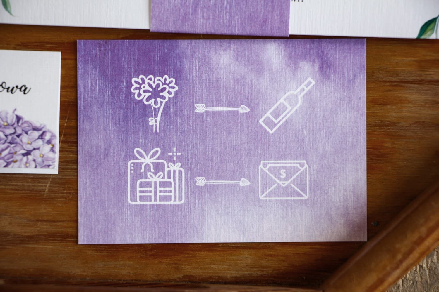 Tarjetas para Invitaciones con Pictogramas Violetas | Insertos con Rebus de Boda | Rozalia n.º 1