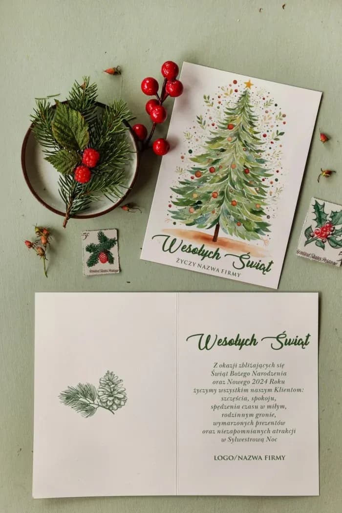 Tarjeta de Navidad corporativa elegante con ilustración de árbol de Navidad verde y logotipo de empresa.