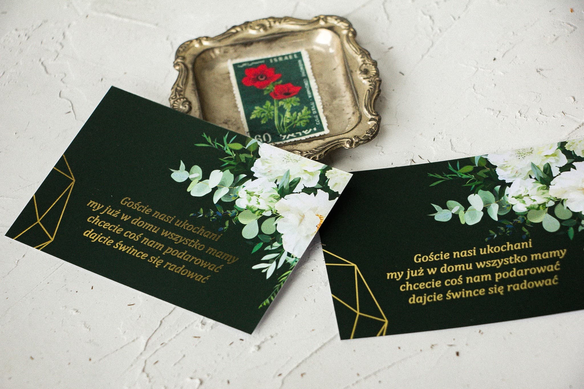 Tarjeta de Invitación Dorada Verde Botella con Peonías | Encarte para Invitaciones de Boda | Szafirowe nº 6