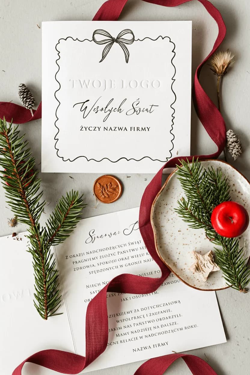 Primer plano de una tarjeta de Navidad minimalista para empresas con el texto grabado 'TU LOGO' sobre papel de alta calidad.