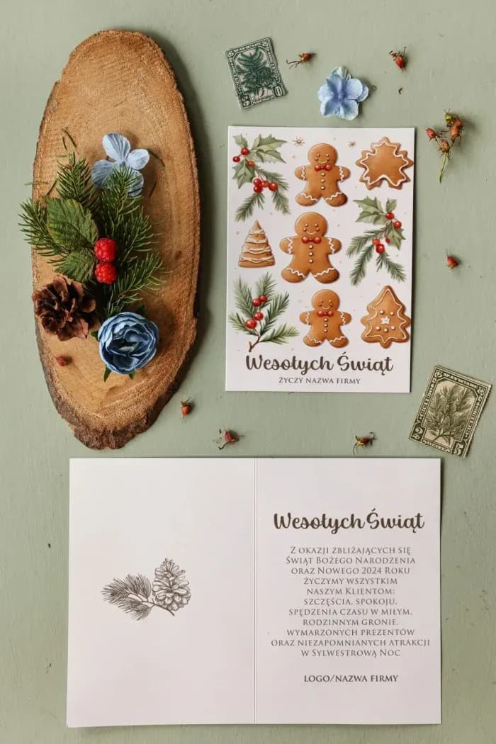 Tarjeta de Navidad corporativa con motivos de galletas de jengibre, ideal para las fiestas.