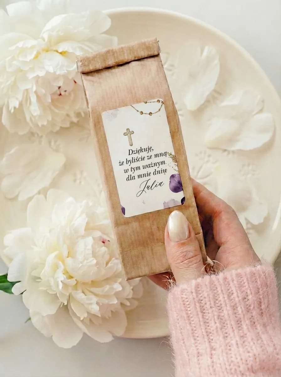 Té como regalo para invitados de comunión – etiqueta romántica con cruz y flores