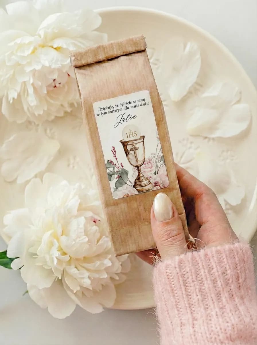 Regalo de comunión – té con etiqueta clara con hostia IHS y flores suaves