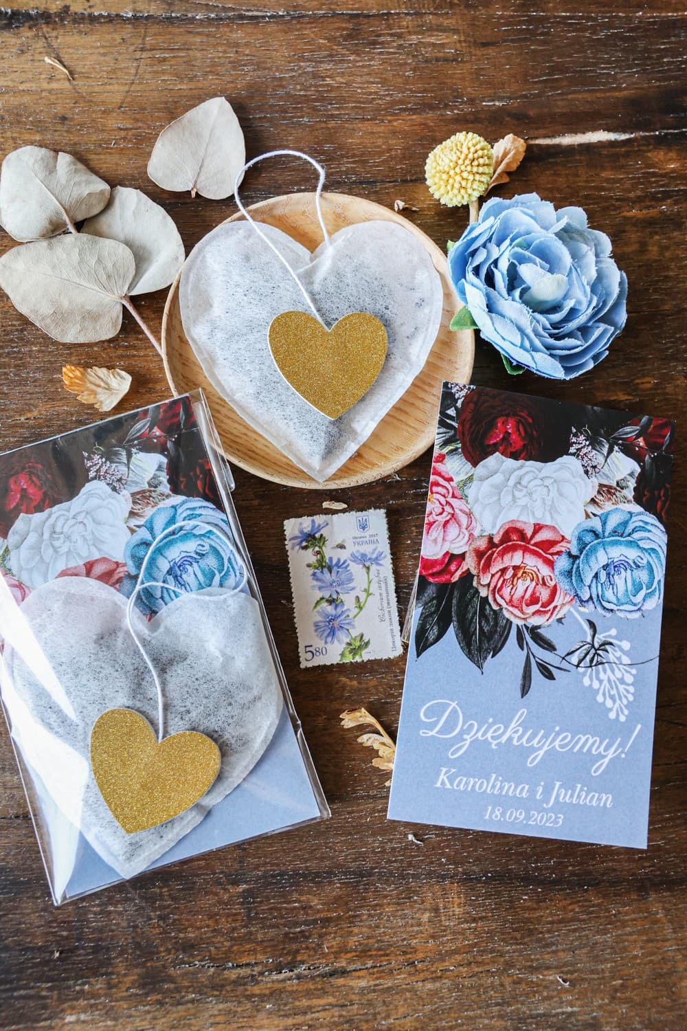 Ringraziamenti per gli Ospiti Tè Cuore con Peonie Dusty Blue | Regali Personalizzati per Matrimonio | Eteriche n. 4