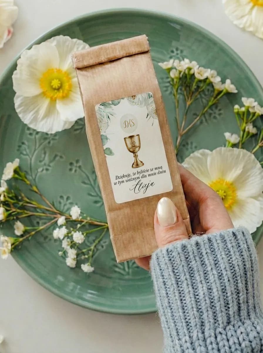 Tè come regalo per ospiti alla Prima Comunione – etichetta naturale con calice Tè come regalo per ospiti alla Prima Comunione – etichetta naturale con calice