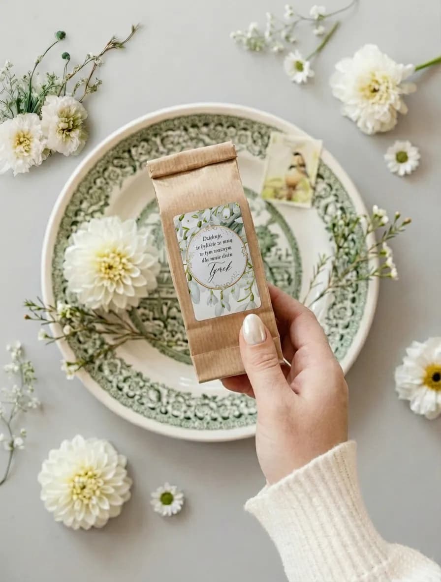 Tè Comunione con etichetta foglioline Matilde n. 3 Regalo per la Comunione per ospiti – tè con etichetta botanica chiara e naturale