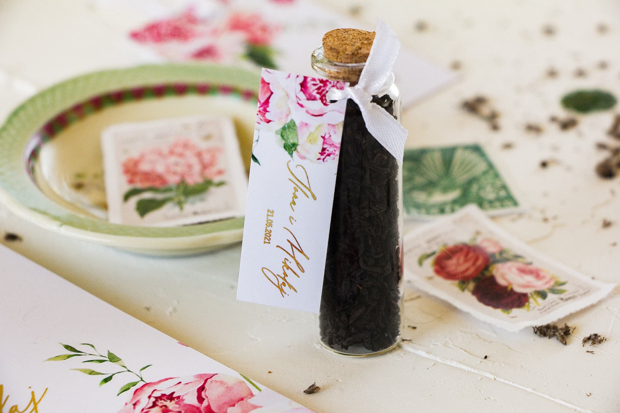 Tea Bottle with Gilded Peony Tag | Wedding Favours & Gifts | Serenity No. 3