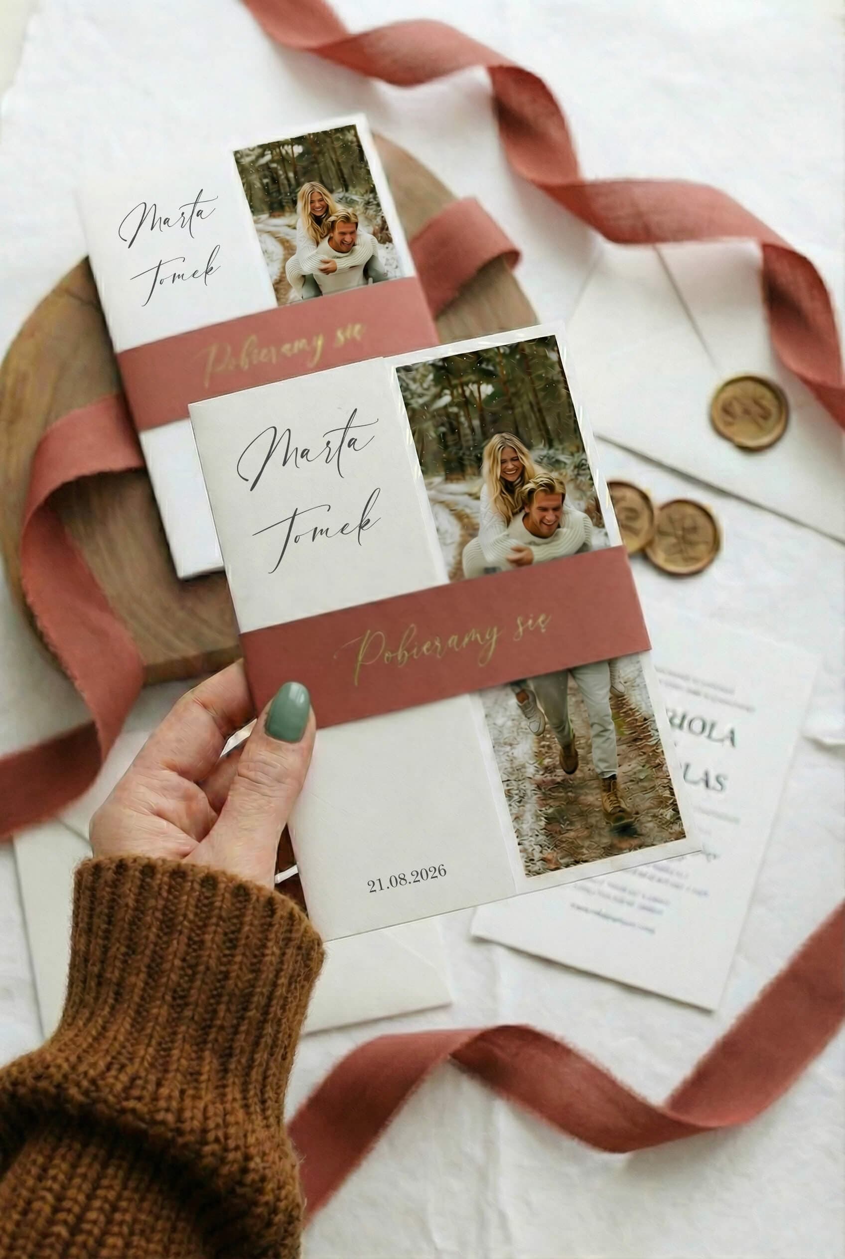 Tender No. 3 Wedding Invitation – Romantic Style with Photo and Pink Belly Band