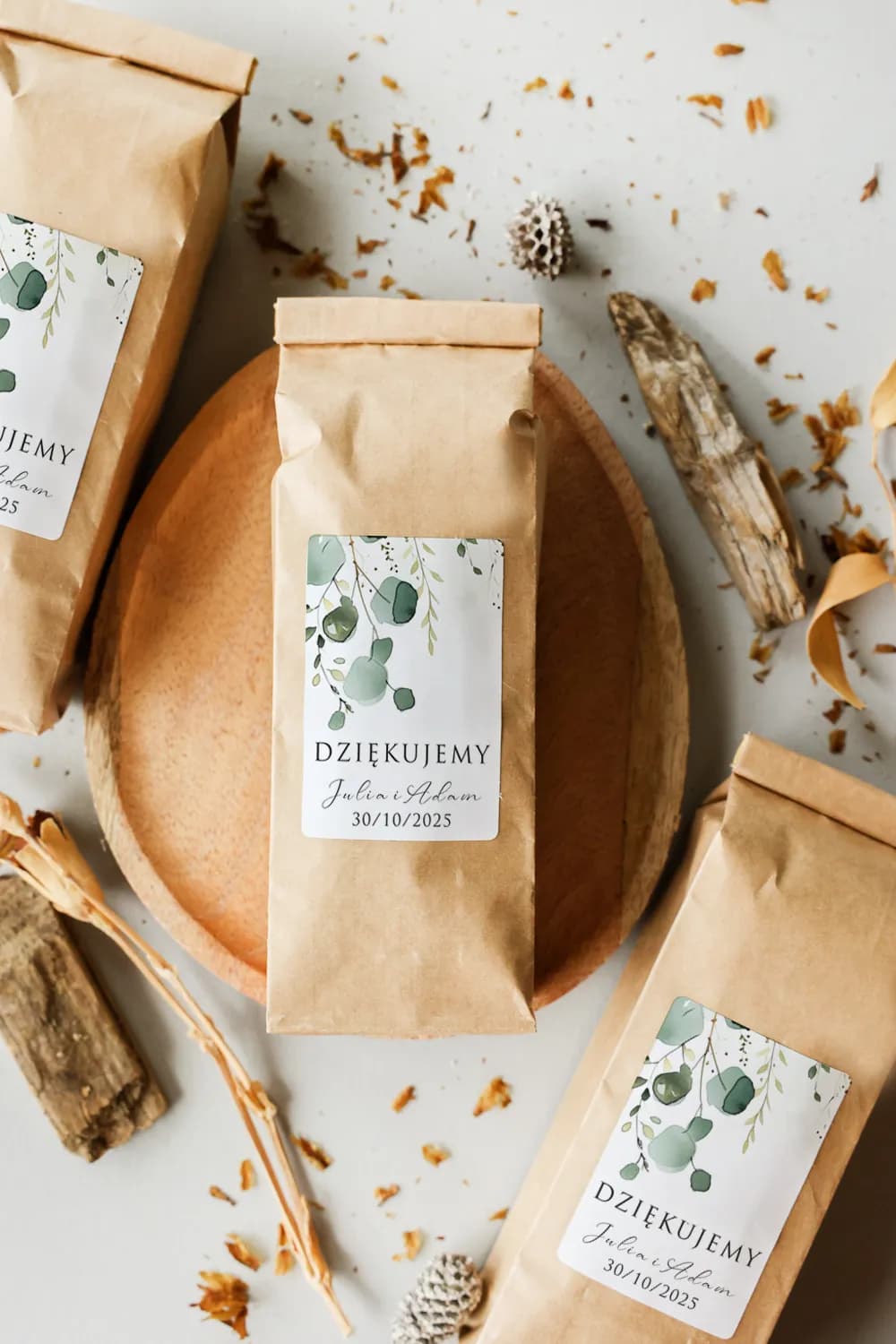 Cadeau invité thé eucalyptus personnalisé Emballage de thé minimaliste avec étiquette personnalisée style rustique eucalyptus