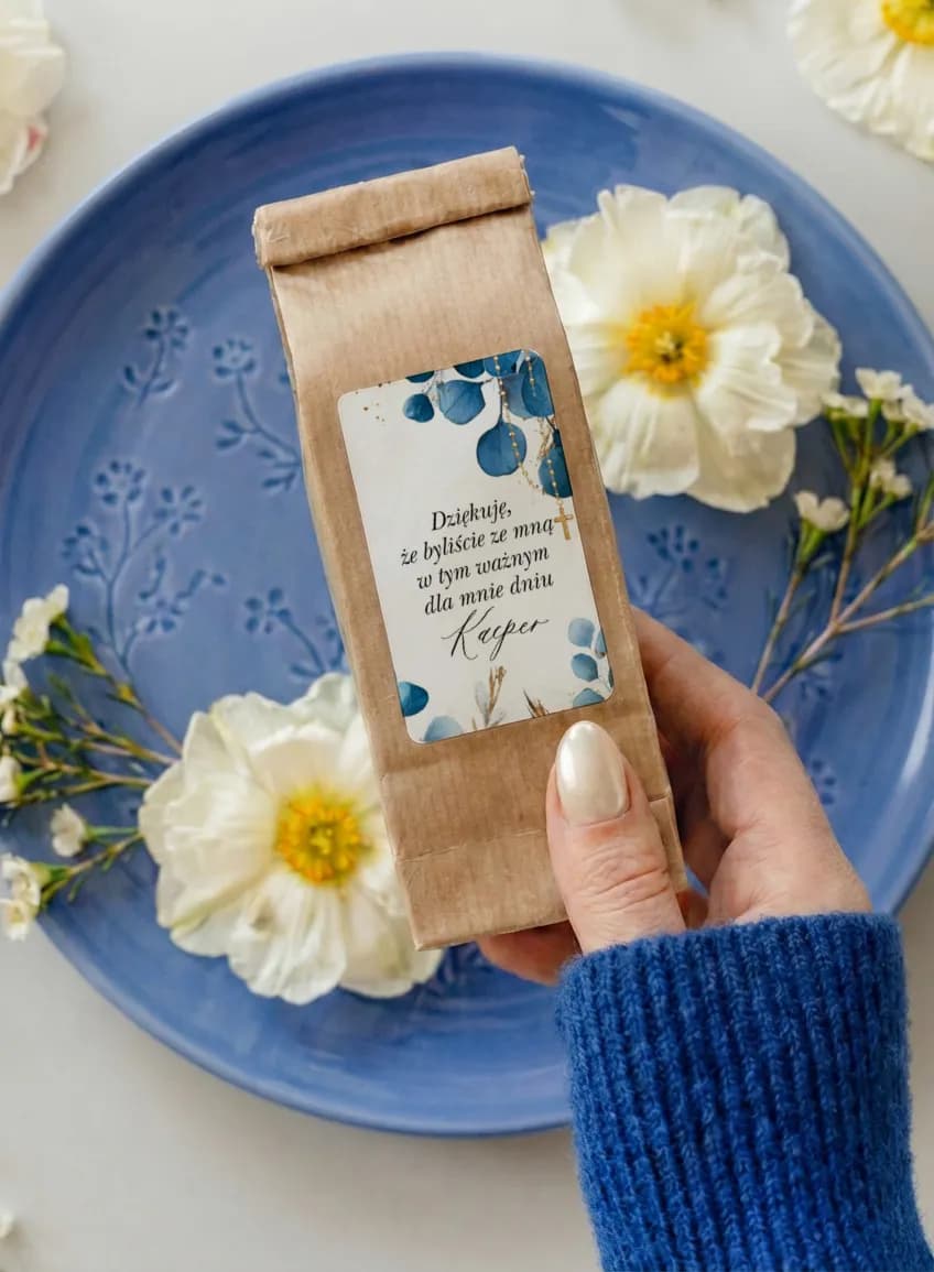 Thé cadeau communion eucalyptus bleu Matylda n° 5 Remerciements de communion thé en sachet kraft avec étiquette botanique bleue