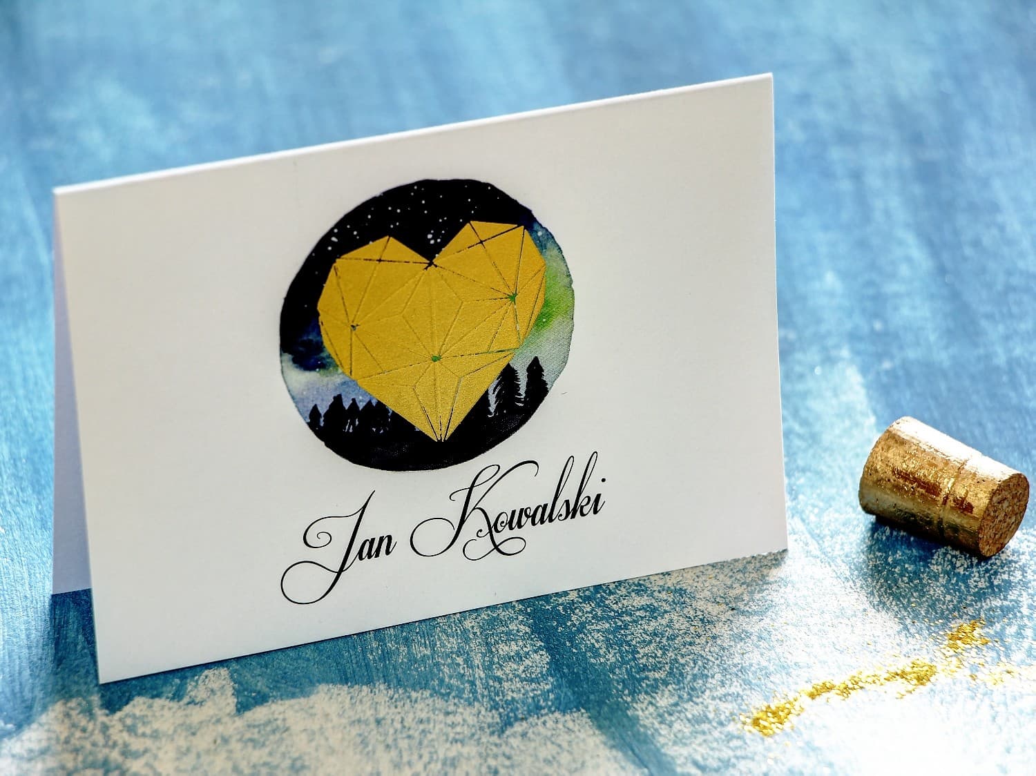 Tischkarten Hochzeit Mondnacht Nr. 4 – Platzkarten mit goldenem geometrischem Herz